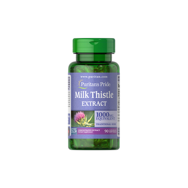 Puritan's Pride Milk Thistle Extract 1000 mg, 90 softgels, supports liver health and comes in a bottle with a green cap and purple label.
